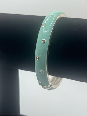 Mint green enamel hinged bangle bracelet silver tone rhinestone dots